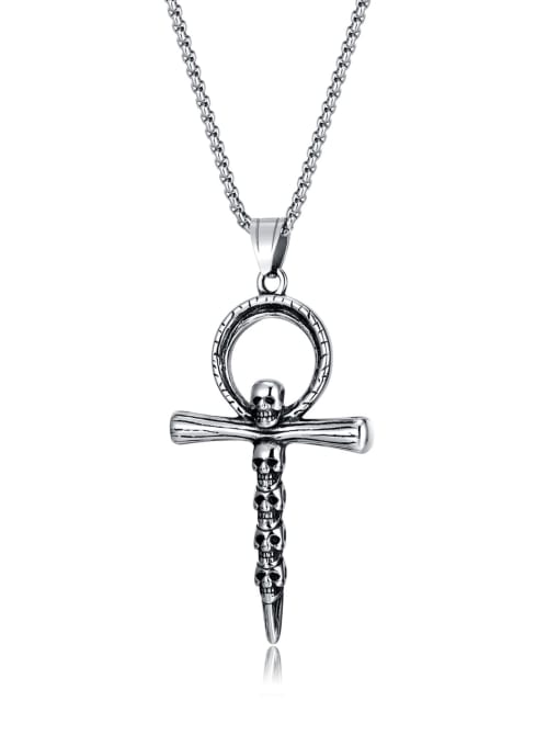 [2201] (Pendant+ pearl chain 47CM) Titanium Steel Skull Hip Hop Man Regligious Necklace
